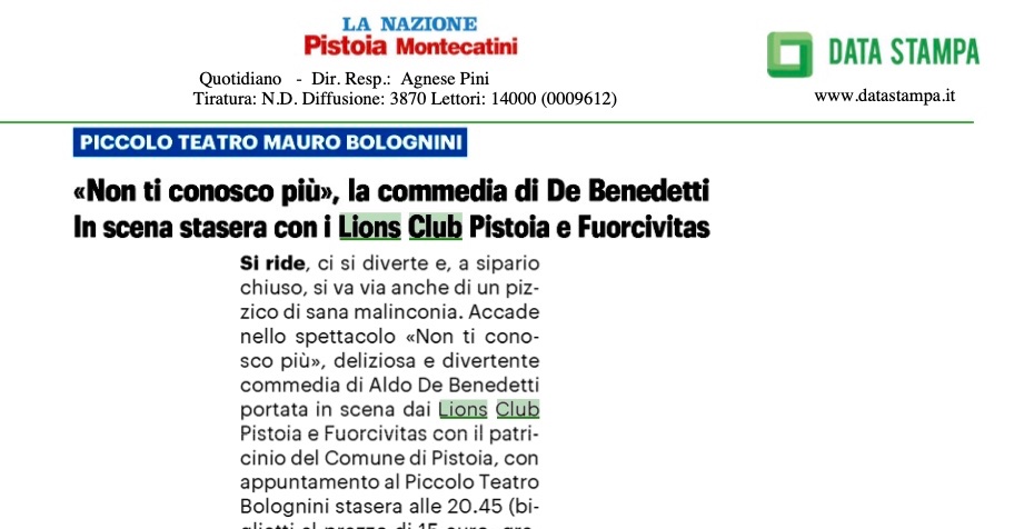 Non ti conosco più, la commedia di De Benedetti in scena con i Lions Club Pistoia